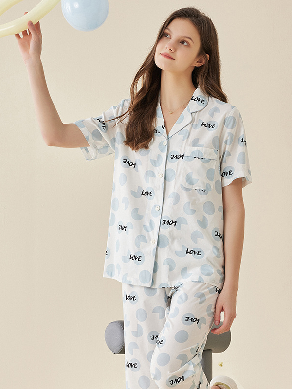 Cotton V Neck Simple Polka Dots Regular Sleeve Pajama Set