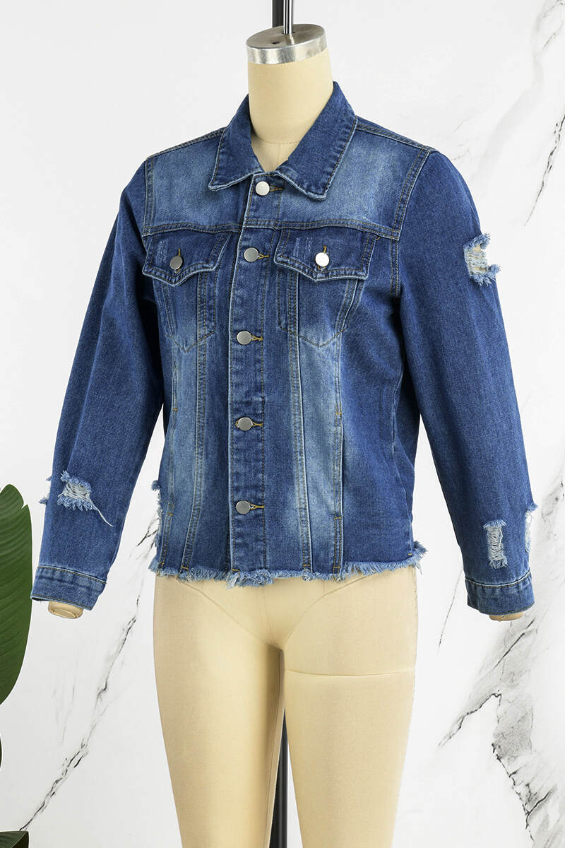 Blue Casual Solid Ripped Patchwork Cardigan Turndown Collar Long Sleeve Regular Denim Jacket