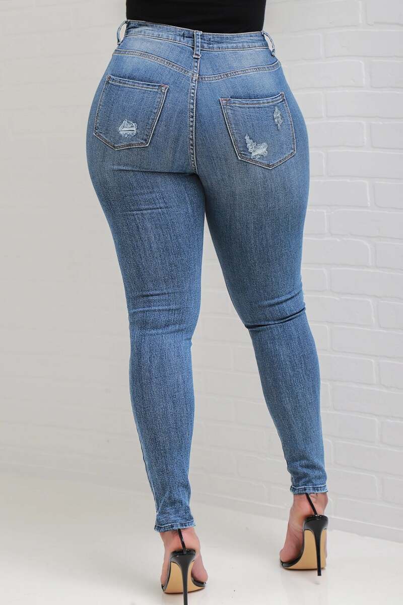 Deep Blue Casual Solid Ripped Buttons High Waist Skinny Denim Jeans