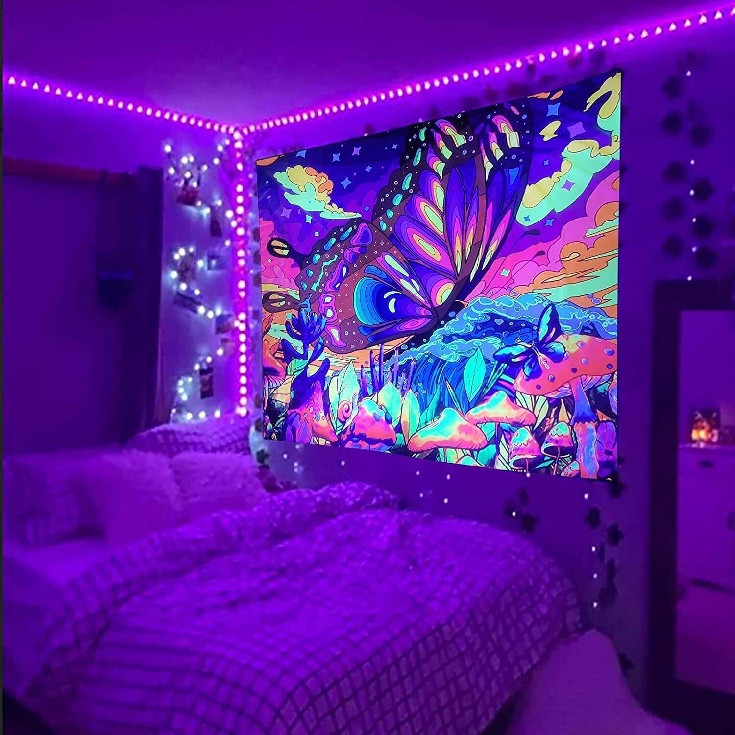 Blacklight Tapestry UV Reactive Trippy Butterfly Mushroom