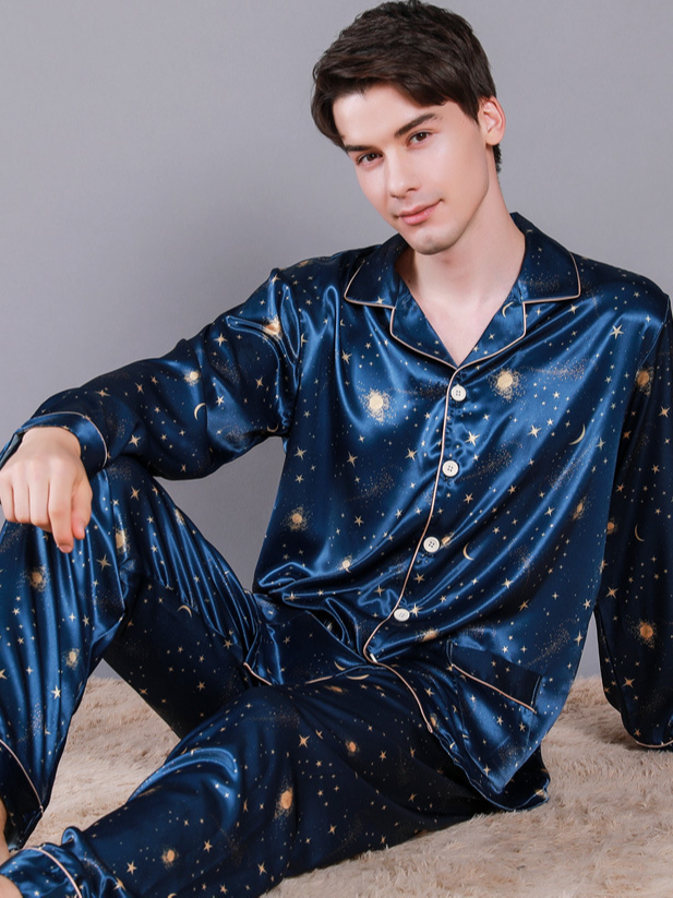 Ice Silk Starry Sky Casual V Neck Long Sleeve Couple Pajama Set