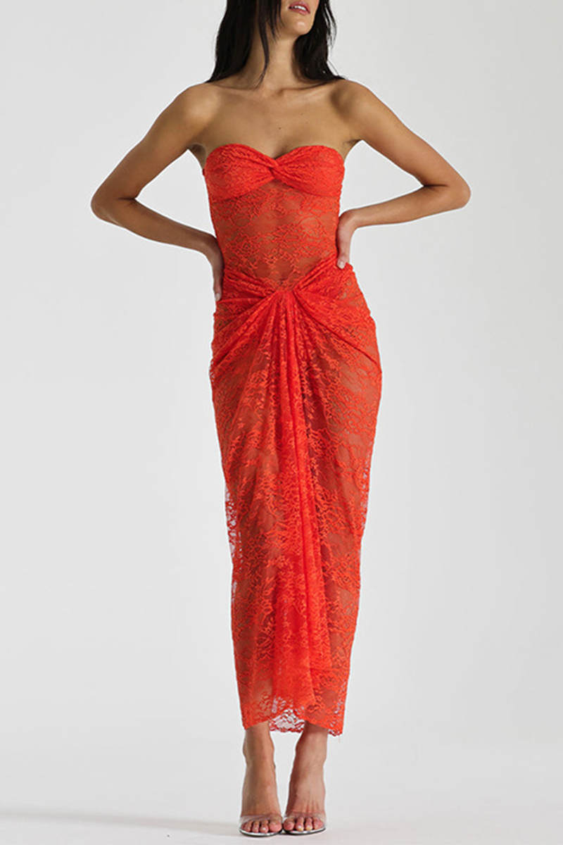 Tangerine Red Sexy Solid Lace Patchwork See-through Backless Strapless Wrapped Skirt Dresses