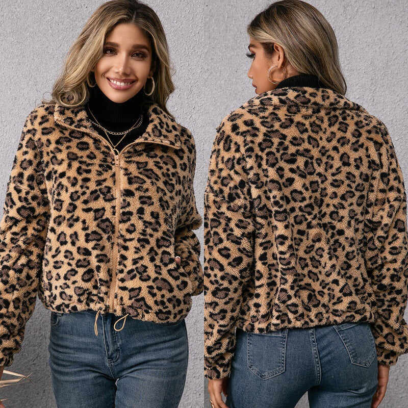 Ladies Leopard Print Lapel Zip Furry Jacket