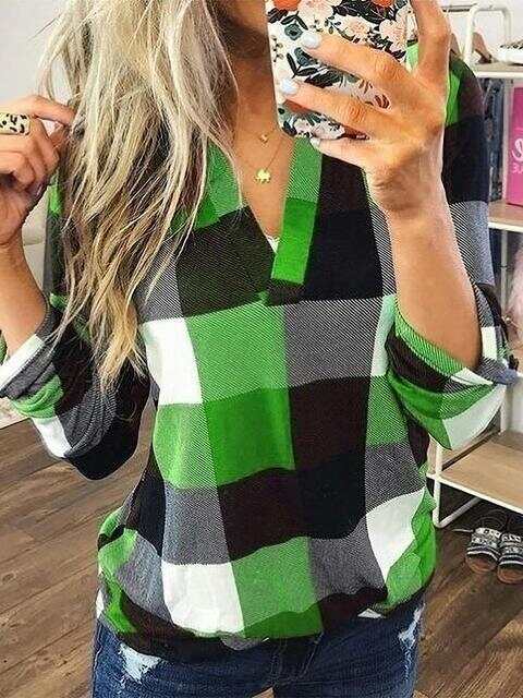 Long Sleeve Plaid Print V-neck Tops