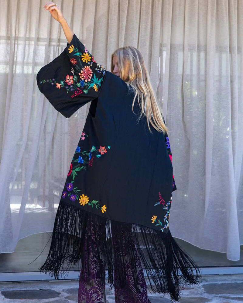 embroidered kimono fringed cardigan