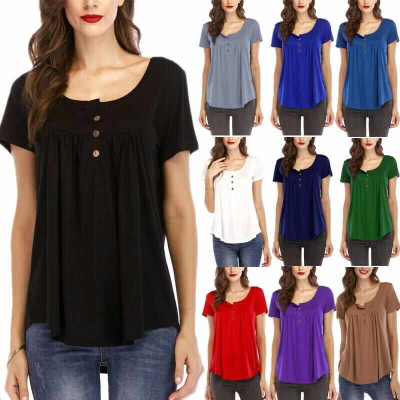 Women's pleated button loose short-sleeved T-shirt