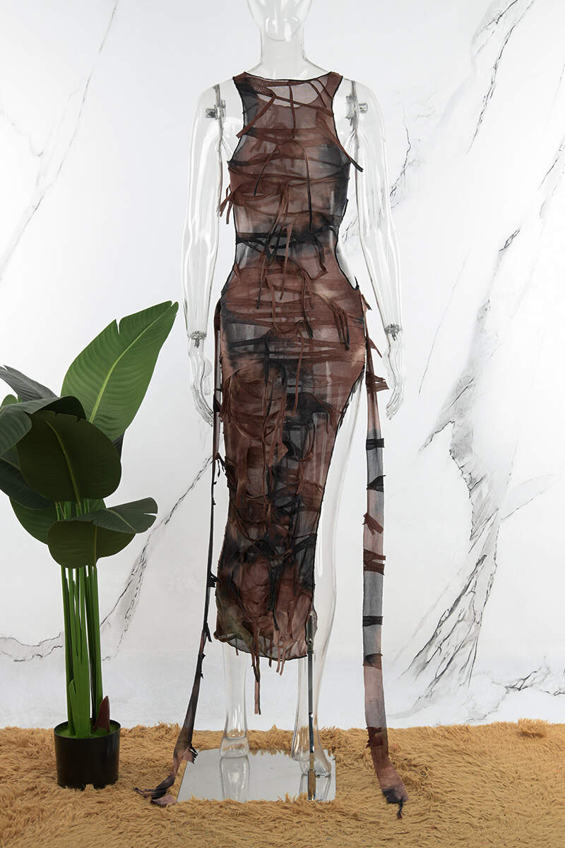 Brown Casual Print Tie Dye Hollowed Out Slit O Neck Sleeveless Dress Dresses