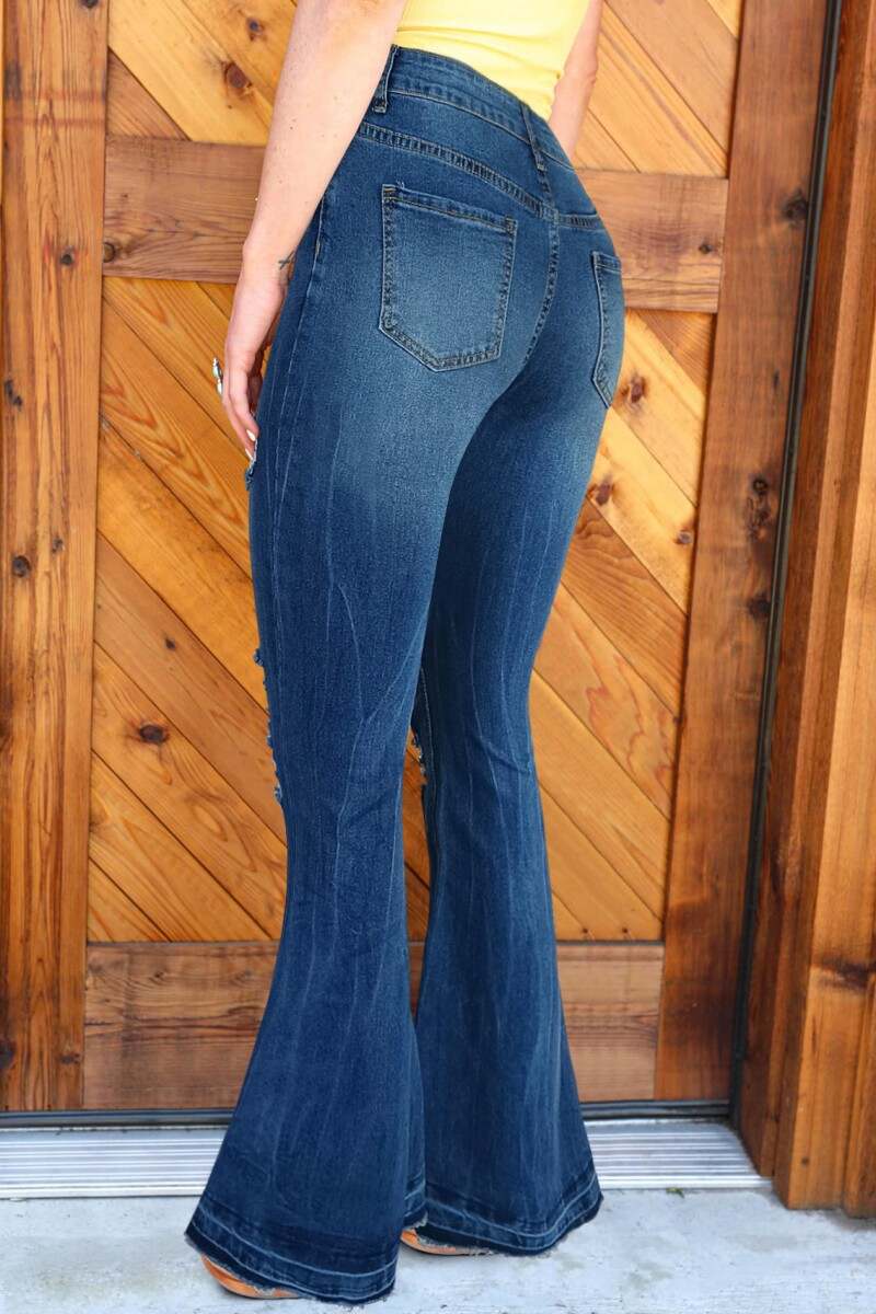 Deep Blue Casual Solid Ripped High Waist Boot Cut Denim Jeans