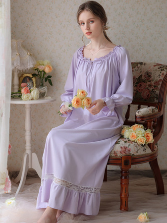 Vacation Flare Sleeve Cotton Crew Neck Plain Nightdress