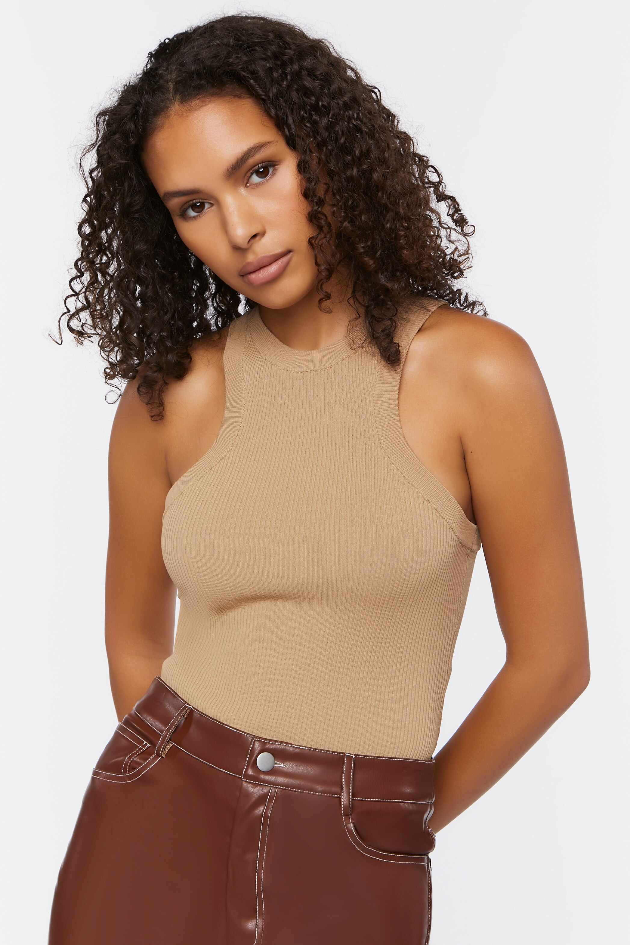 Women Apparel | Sweater-Knit Racerback Bodysuit Tan Forever21 - FZ48617