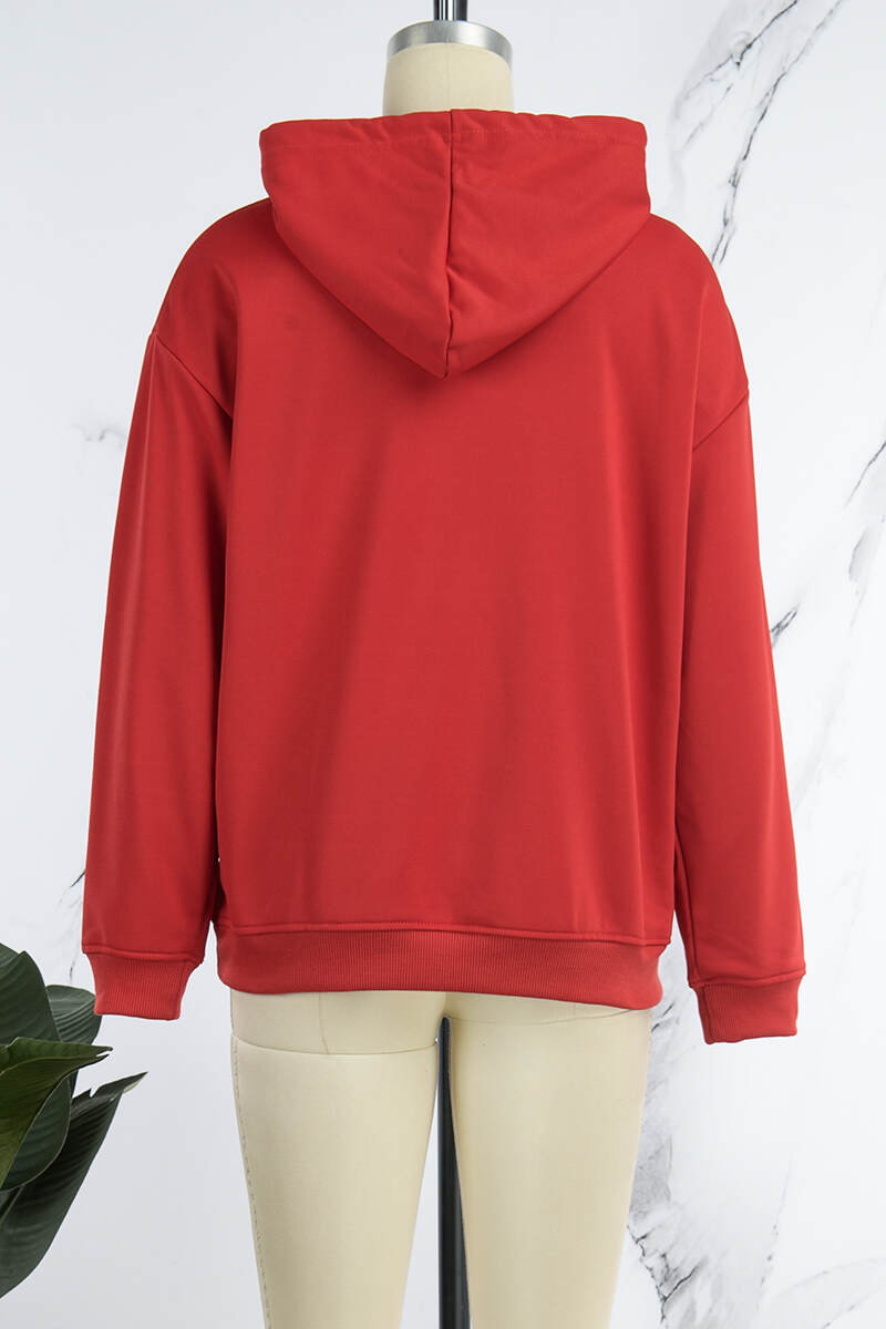 Red Casual Street Print Draw String Letter Hooded Collar Tops