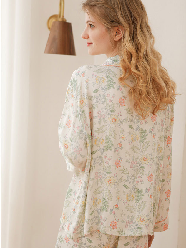 Elegant V Neck Floral Loose Long Sleeve Pajama Set