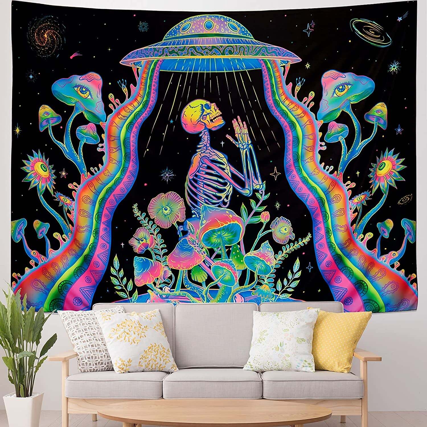 Alien Skull Blacklight UV Reactive Tapestry Trippy Psychedelic