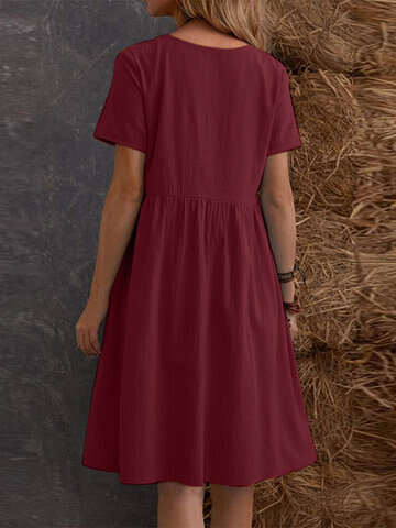 Women Vintage Dresses | Solid Short Sleeve Pocket Crew Neck Vintage Dress - QG25806