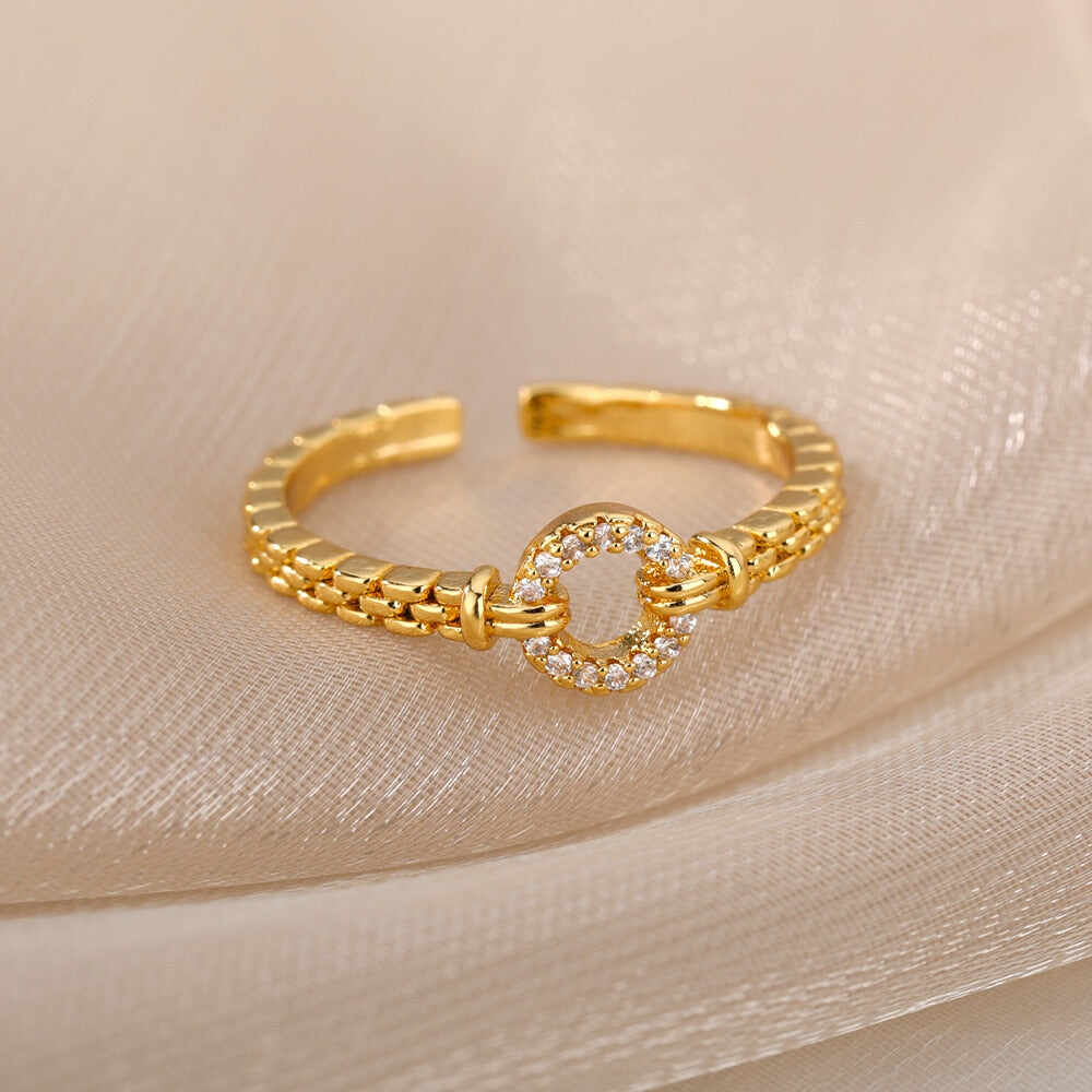 Round Zircon Rings For Women Open Adjustable Stainless Steel Gold Color Ring Couple Wedding Band Aesthetic Jewelry anillos mujer