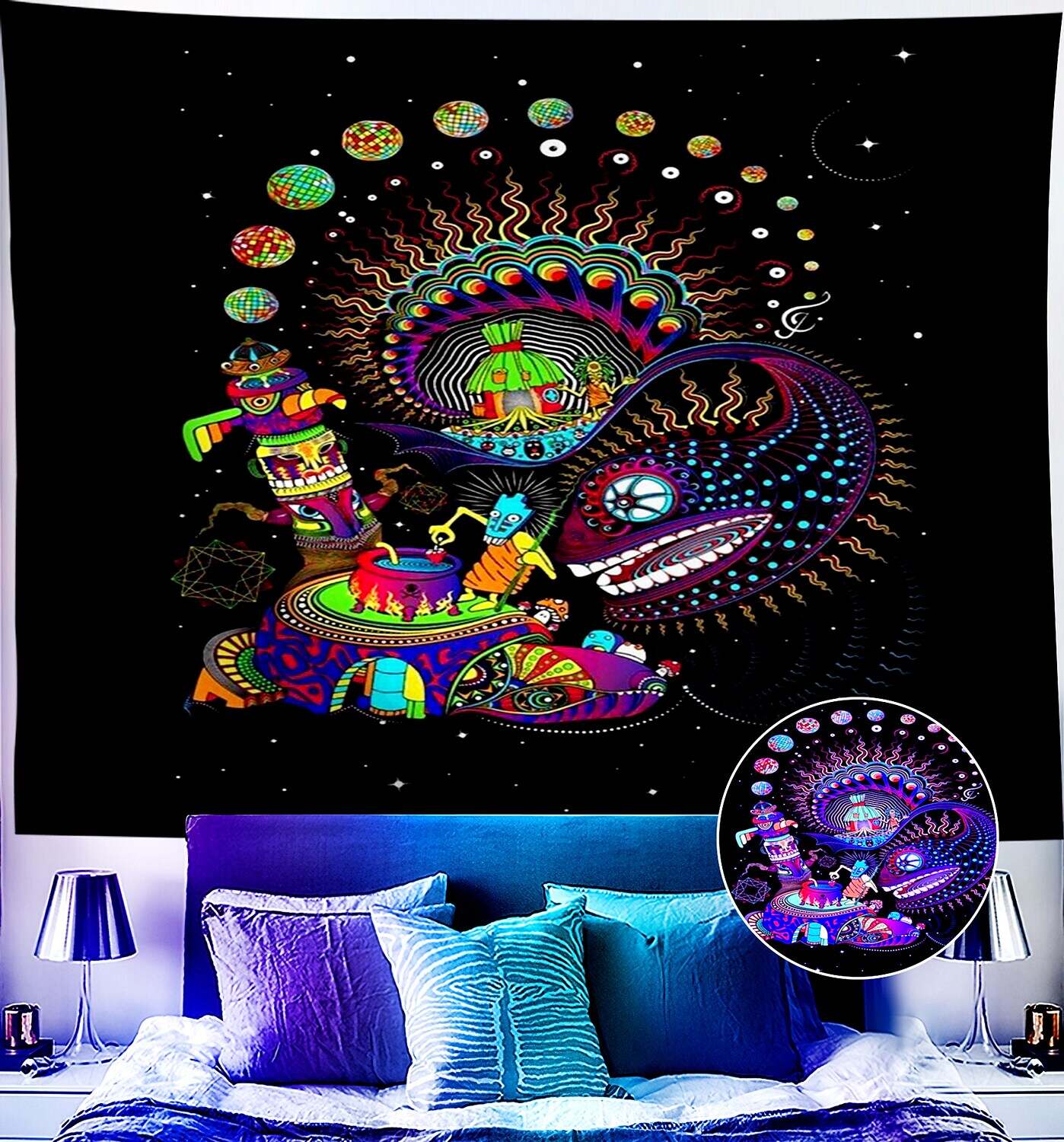 Trippy Blacklight UV Reactive Wall Tapestry Alien Psychedelic