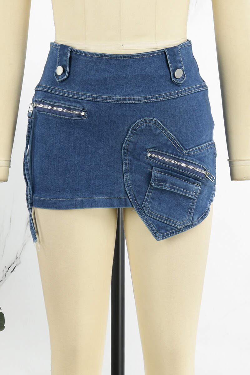 The cowboy blue Casual Solid Patchwork High Waist Skinny Denim Skirts