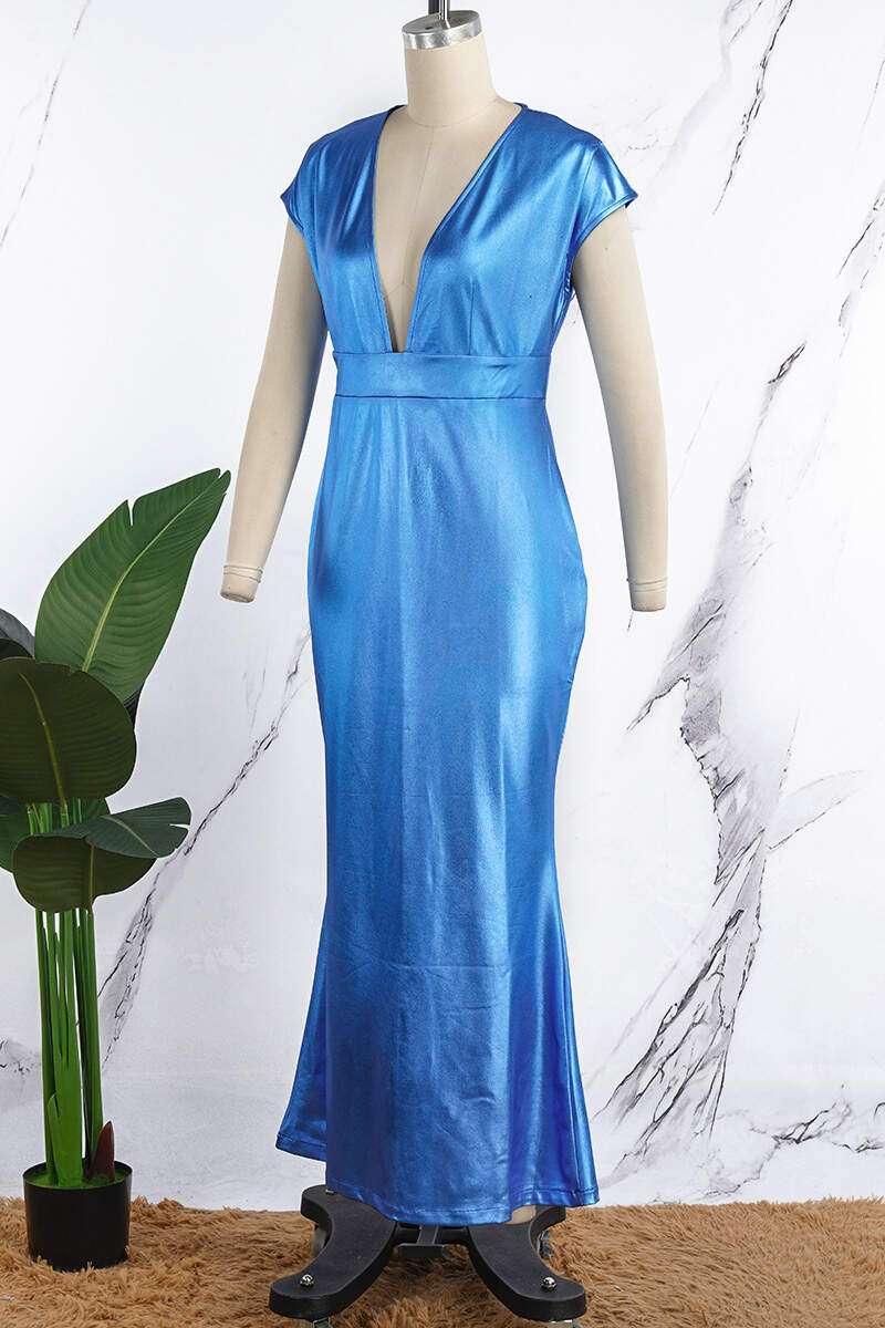 Blue Elegant Solid Patchwork V Neck Sleeveless Dress Dresses