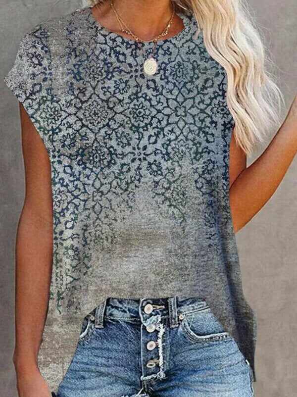 Short Sleeve Printed Crew Neck Summer Top