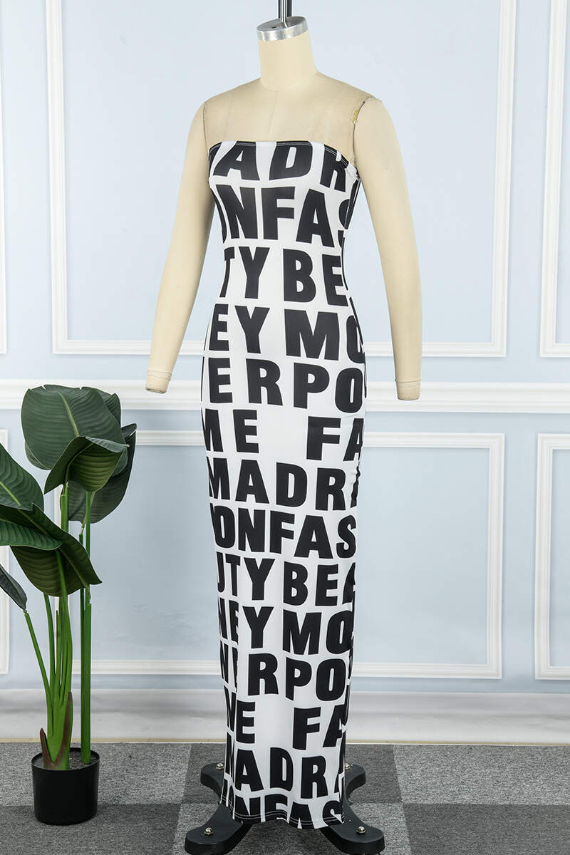 White Sexy Street Letter Patchwork Printing Off the Shoulder One Step Skirt Dresses