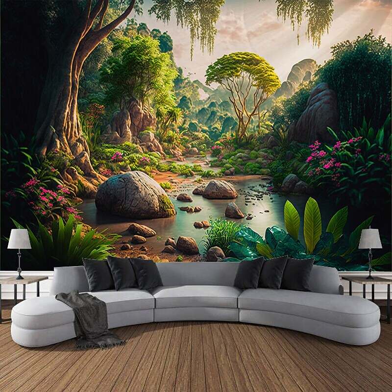 Fantasy Forest Landscape Wall Tapestry Plant River Cottage Art