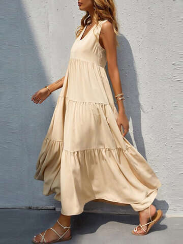 Women Maxi Dresses | Solid Sleeveless V-neck Maxi Swing Dress Maxi Dress - DU01422