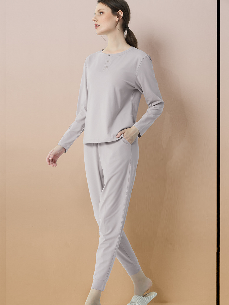 Simple Regular Fit Plain Long Sleeve Pajama Set