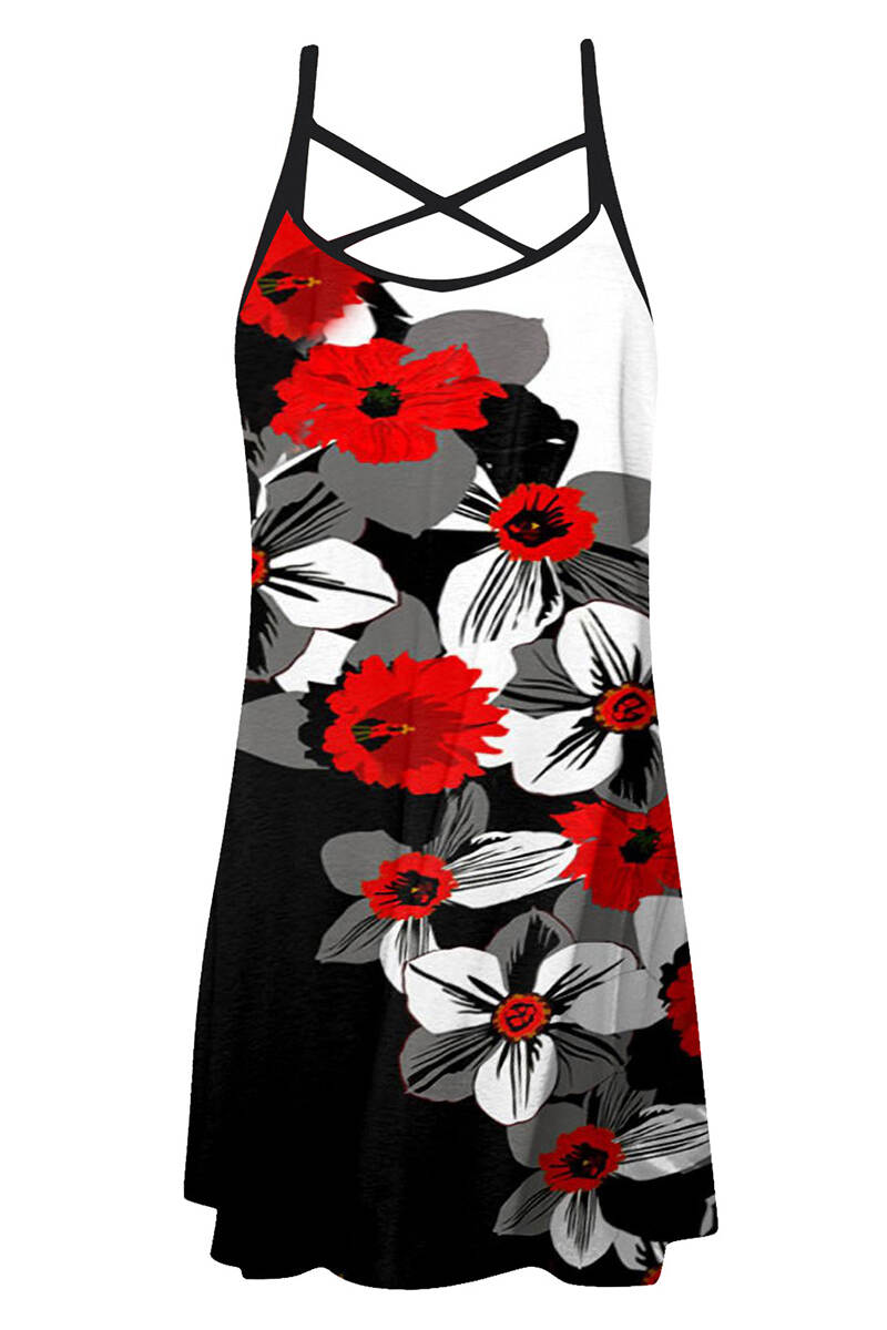 Black Red Casual Print Backless Spaghetti Strap Long Dress Dresses