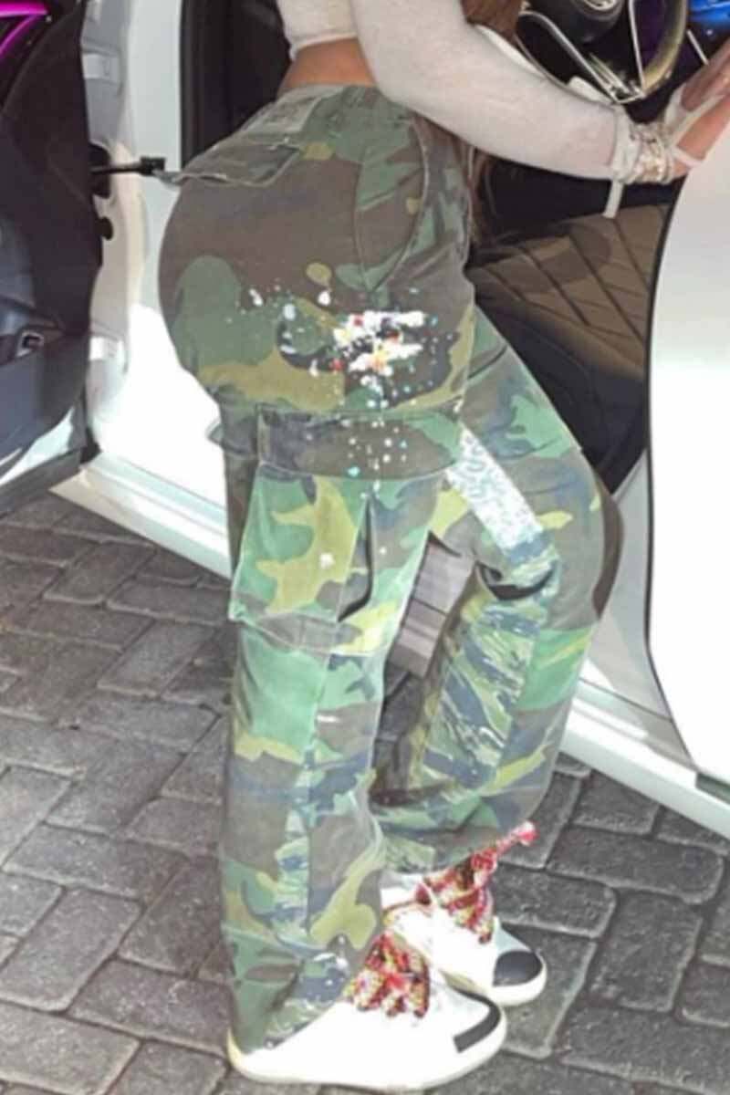 Army Green Street Camouflage Print Letter High Waist Straight Bottoms