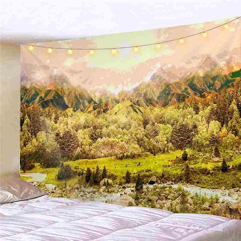 Landscape LED Lights Wall Tapestry Art Decor Waterfall Sunsetn Print