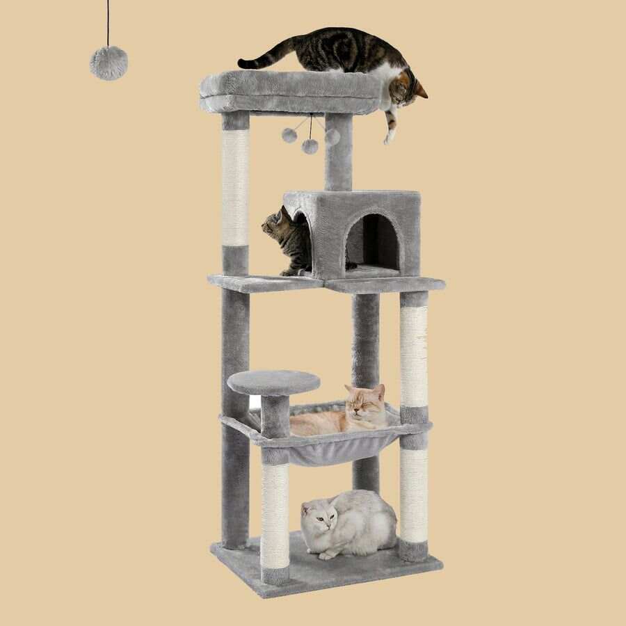 56.3-inch high indoor cat tree, multi-level cat tower with oversized hammocks, covered with sisal scratching posts, comfortable apartment