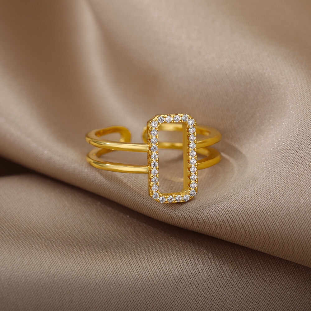 Hollow Rectangle Zircon Rings For Women Adjustable Open Stainless Steel Gold Color Finger Ring Couple Jewelry Gift anillos mujer