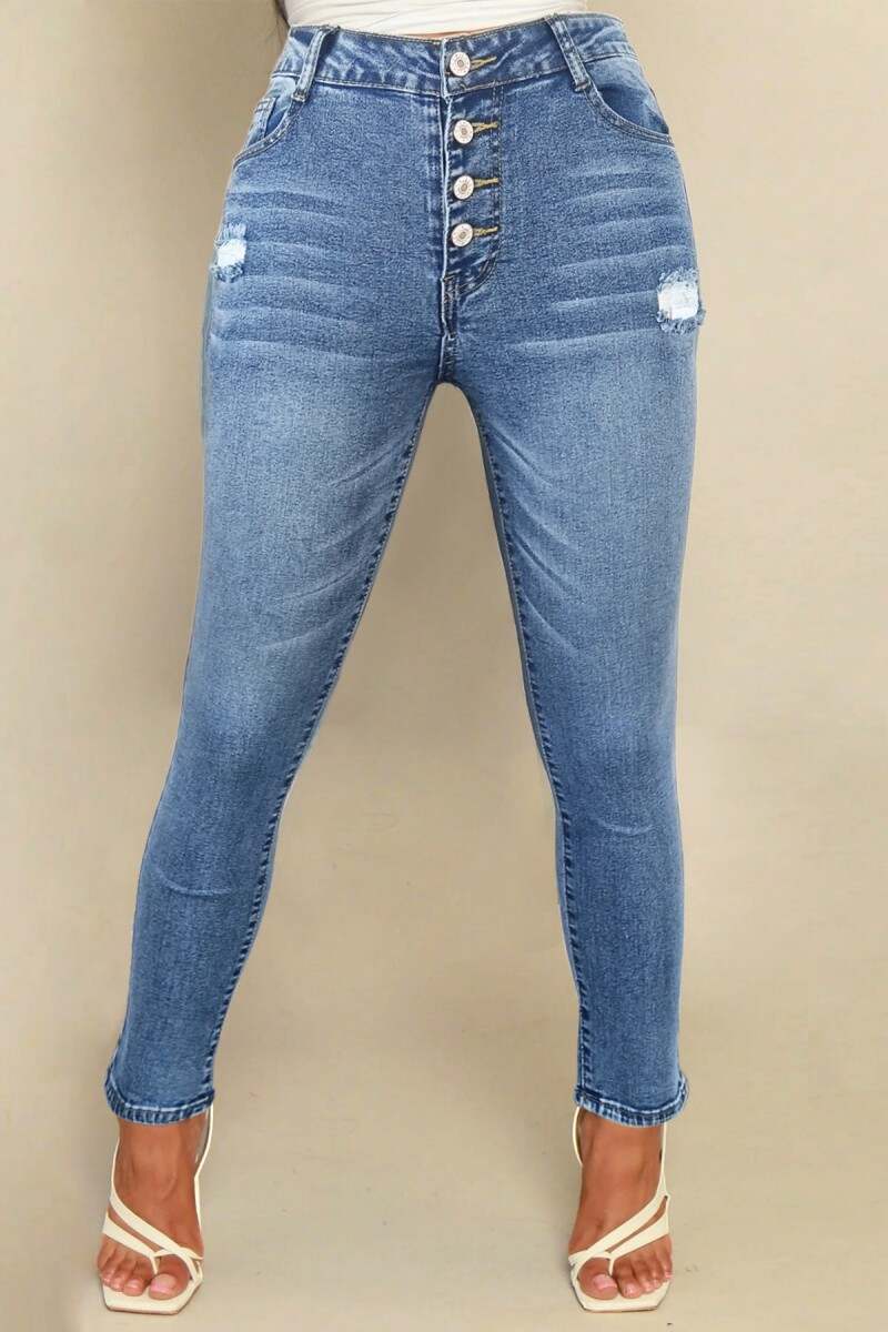 Deep Blue Casual Solid Ripped Buttons High Waist Skinny Denim Jeans