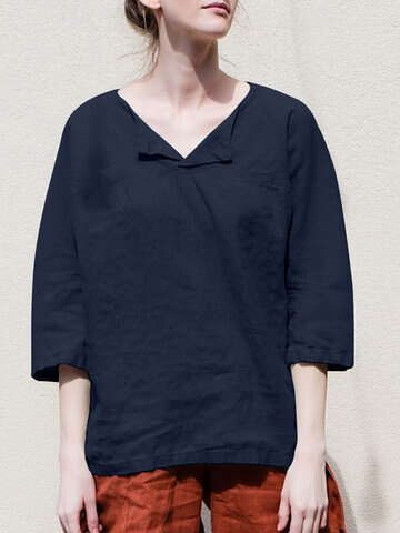 Women Blouses & Shirts | Solid 3/4 Sleeve Loose V-neck Casual Women Blouse - PI14885