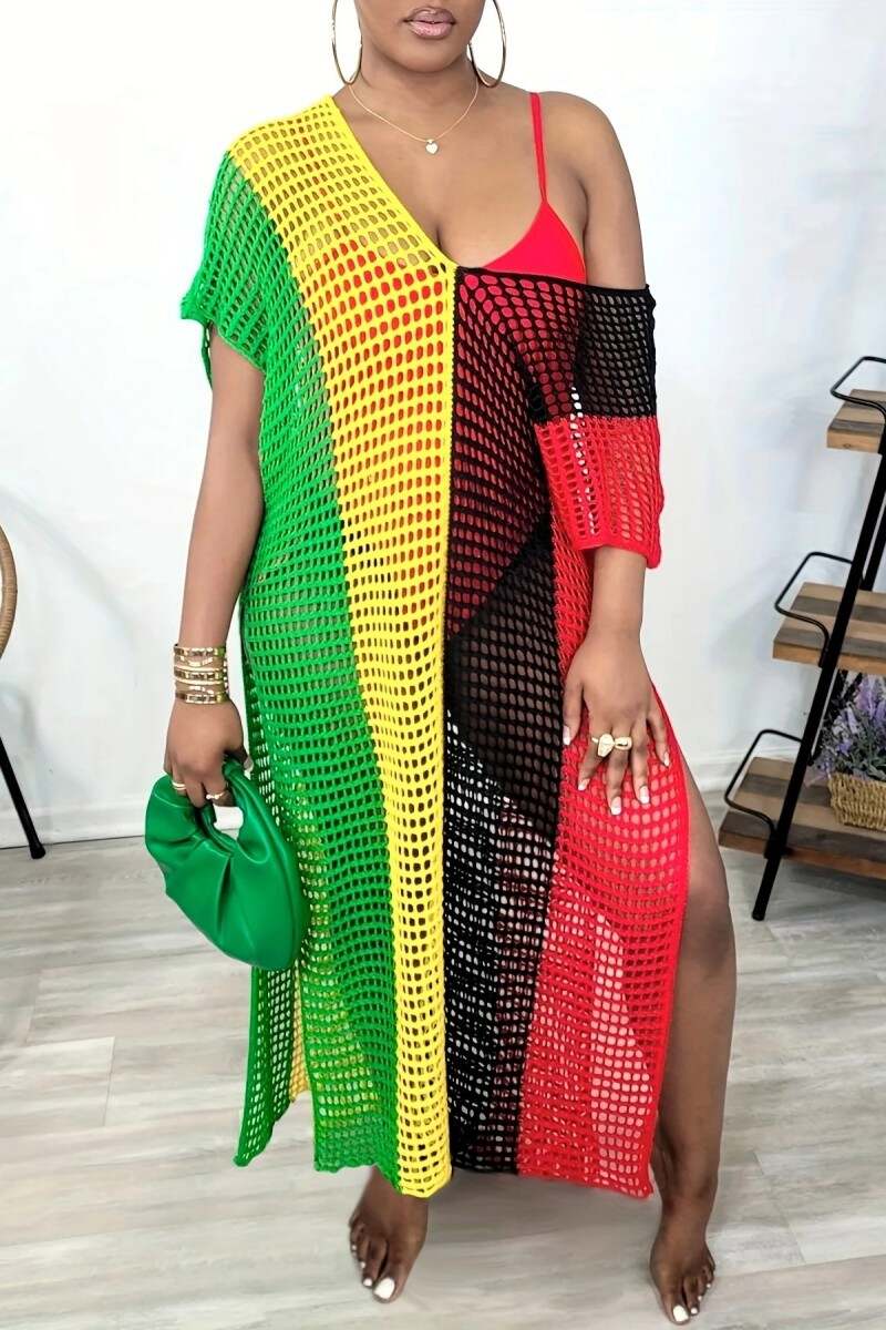 Multicolor Sexy Casual Patchwork Hollowed Out Slit Contrast V Neck Beach Dress Dresses