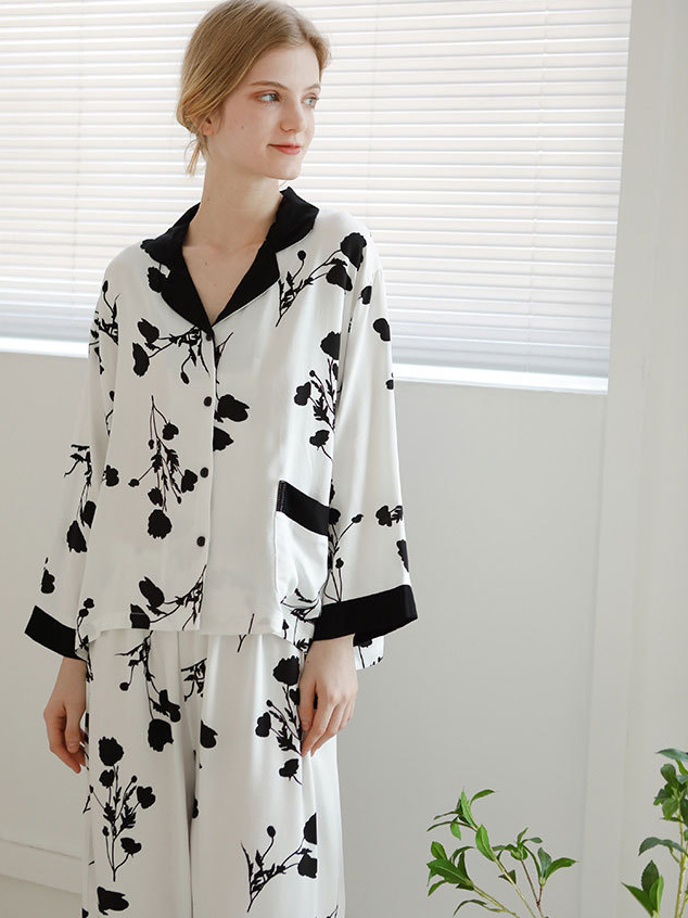 Loose Casual Floral Pattern V Neck Long Sleeve Pajama Set