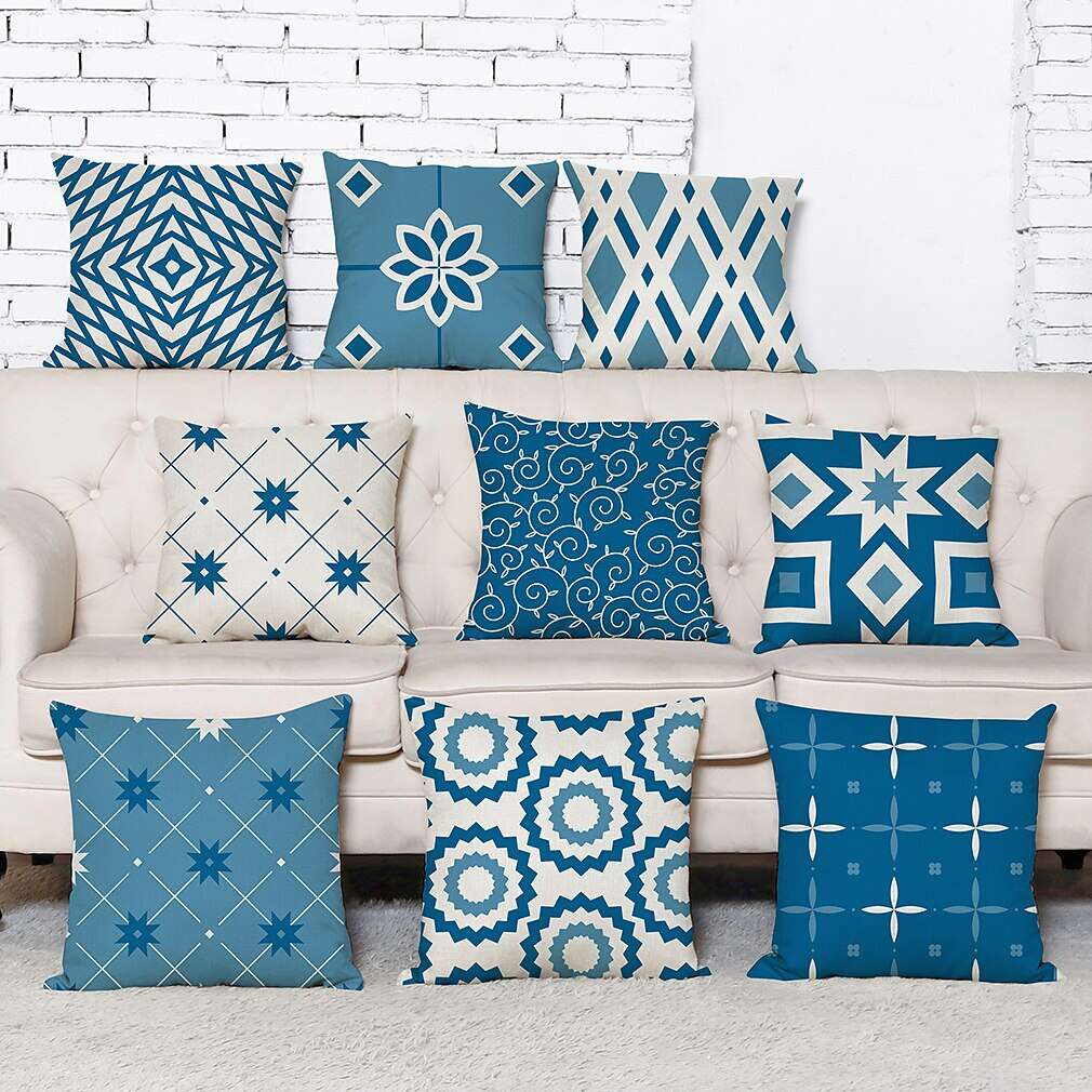 Blue Set of 9 Pillow Cover, Geometric Pattern Geometic Leisure Modern Faux Linen Throw Pillow Outdoor Cushion for Sofa Couch Bed Chair Blue