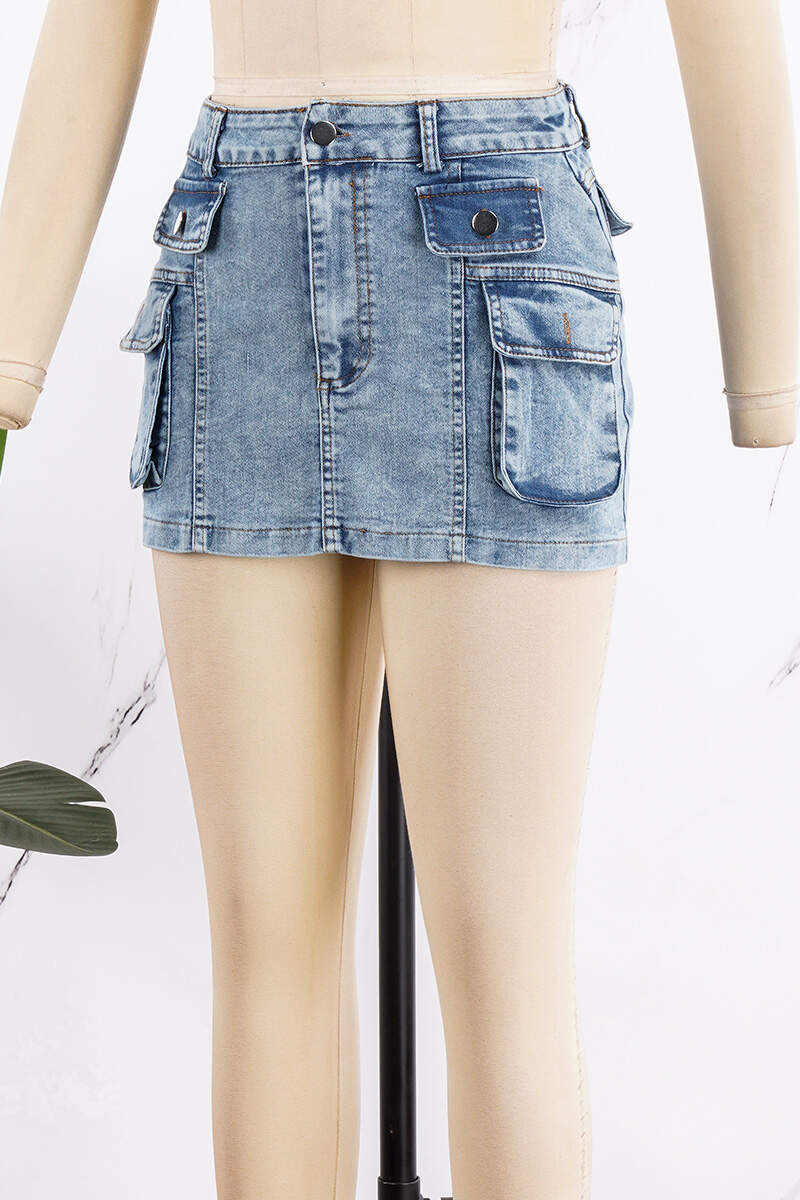 Blue Sexy Street Solid Patchwork Pocket Buttons Zipper Mid Waist Regular Denim Skirts