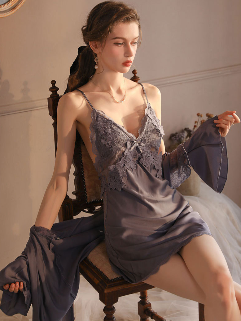 Elegant V Neck Regular Fit Plain Nightdress and Robe Two-piece Set