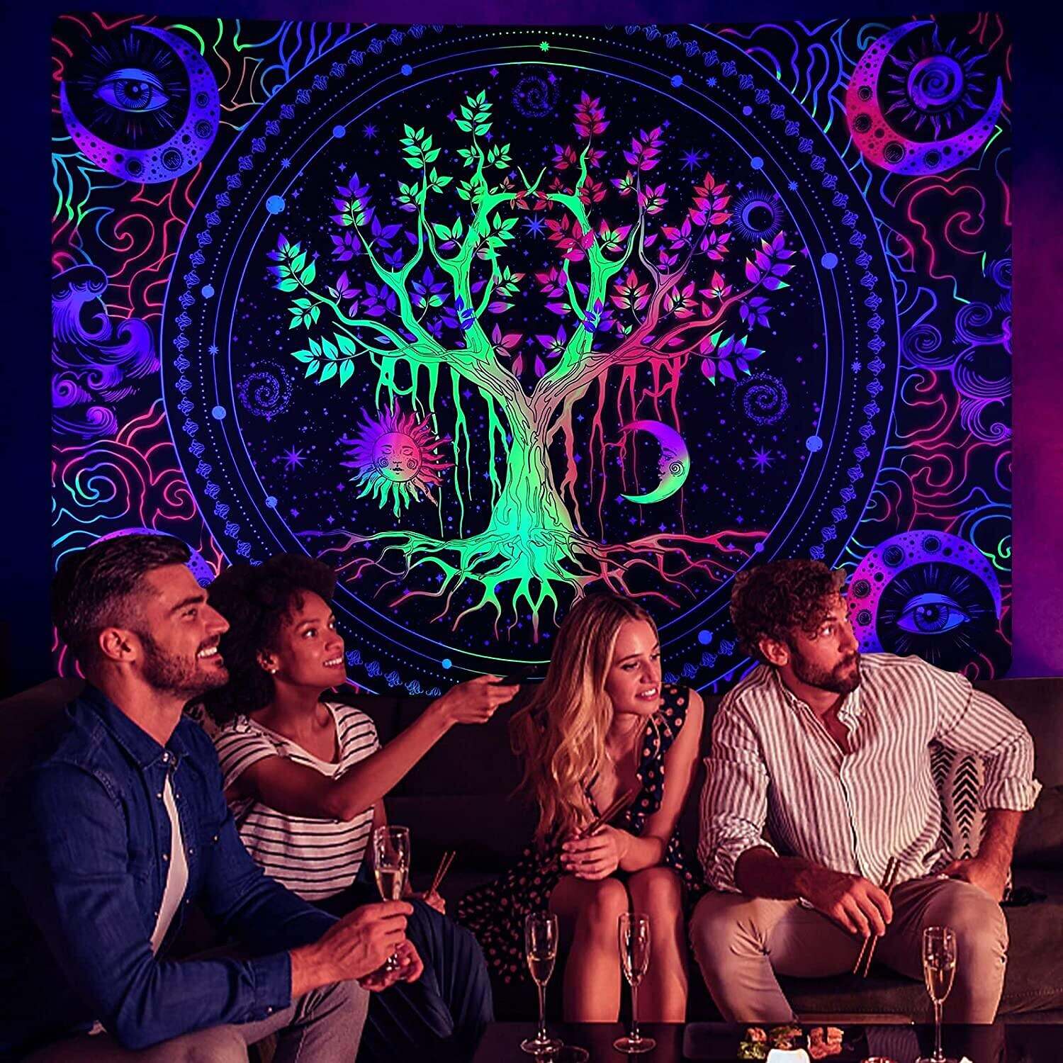 Blacklight Tapestry UV Reactive Trippy Tree of Life Mandala