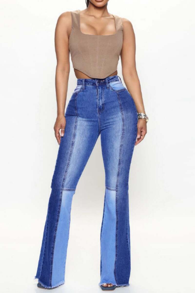 Blue Casual Patchwork Contrast High Waist Regular Denim Jeans (Subject To The Actual Object)