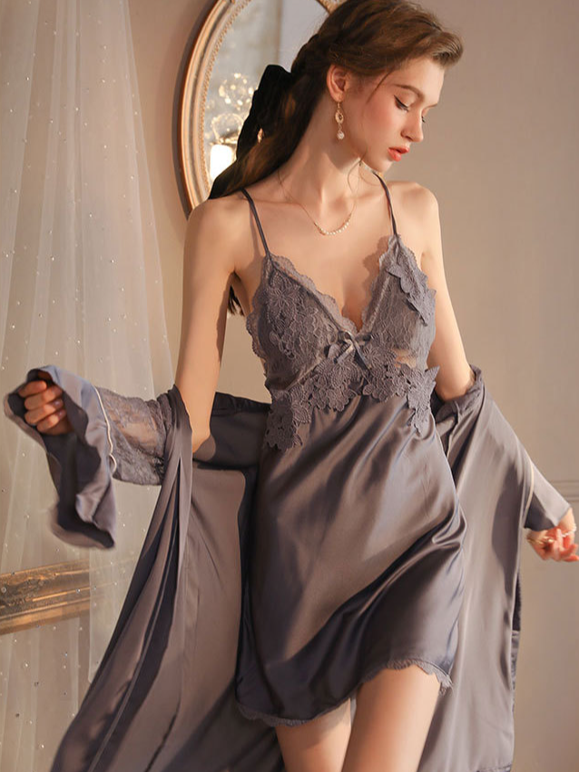 Elegant V Neck Regular Fit Plain Nightdress and Robe Two-piece Set