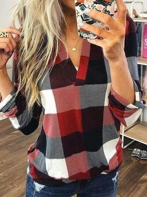 Long Sleeve Plaid Print V-neck Tops