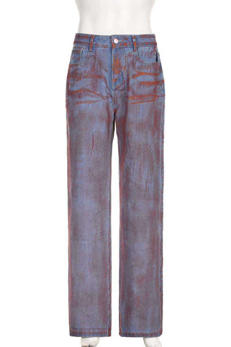 Red Casual Tie Dye Patchwork High Waist Regular Denim Jeans