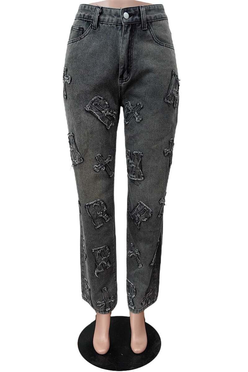 Black Casual Patchwork Basic High Waist Regular Denim Jeans