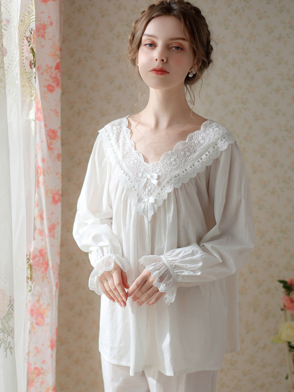 Elegant V Neck Loose Cotton Long Sleeve Pajama Set