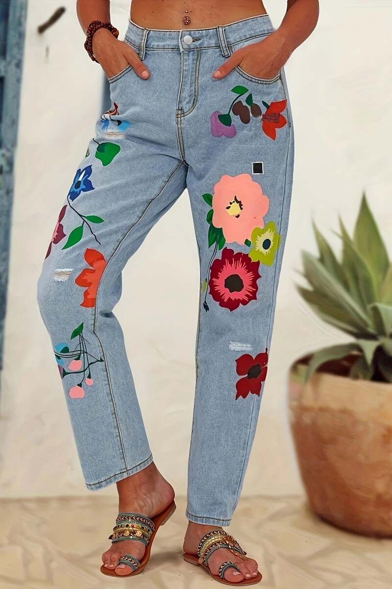 Blue Casual Print Basic High Waist Regular Denim Jeans