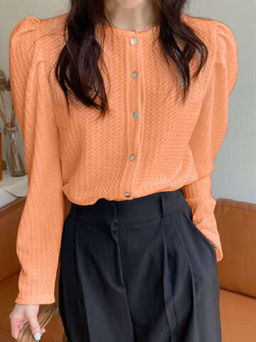 Women Blouses & Shirts | Solid Textured Puff Sleeve Button Crew Neck Blouse - IP15565