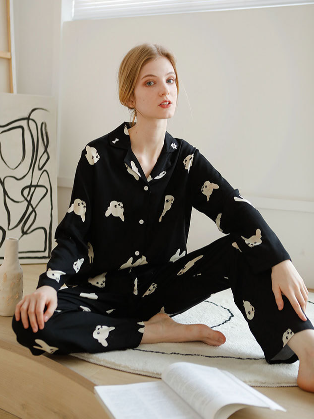 Animal Shawl Collar Simple Regular Fit Long Sleeve Pajama Set