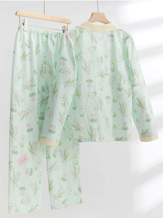 Simple Regular Long Sleeve Floral Cotton Regular Fit Pajama Set